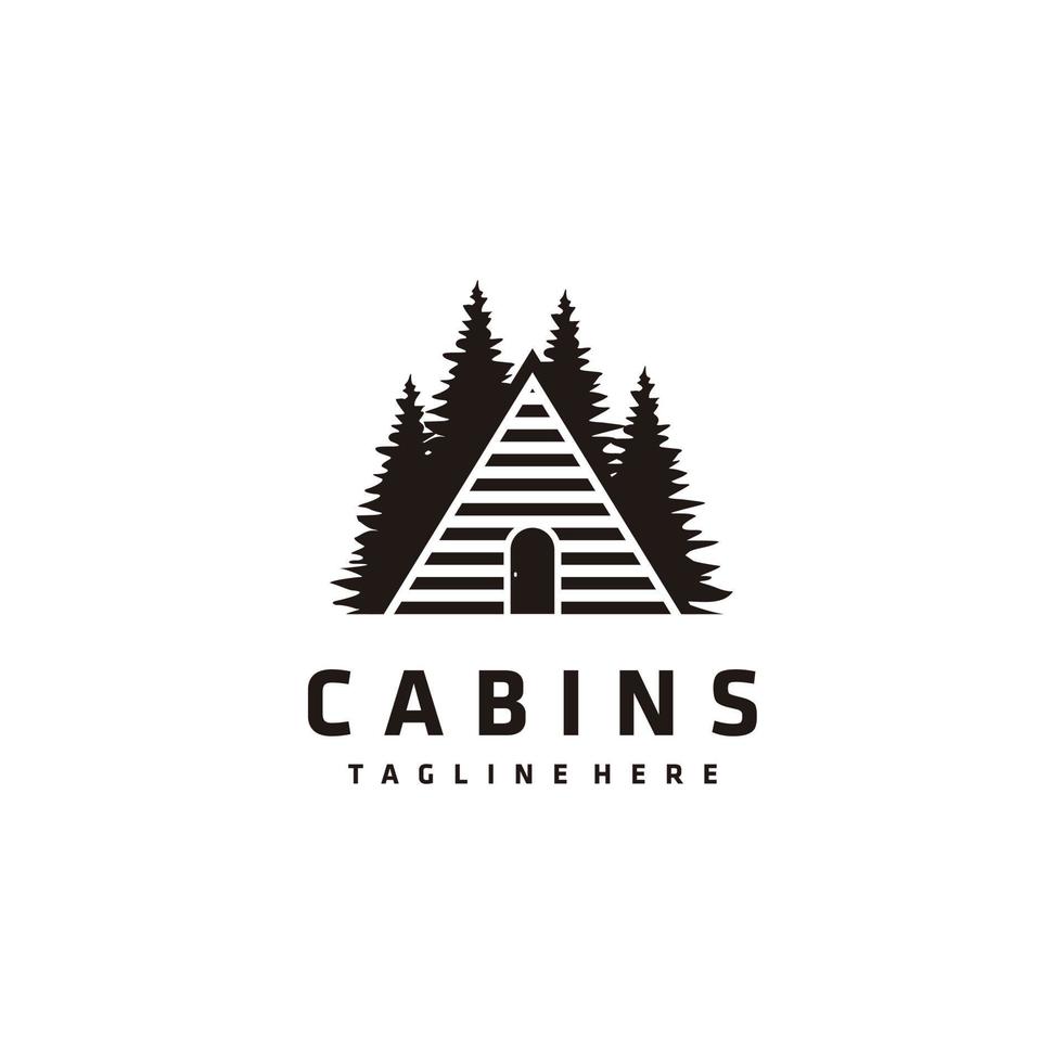 Cottage logo design line art cabin and pine tree vector illustration