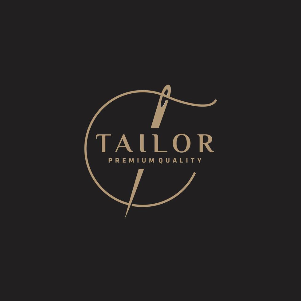 Tailor's vector logo design. Needle gold color. Textile emblem. Clothes label.