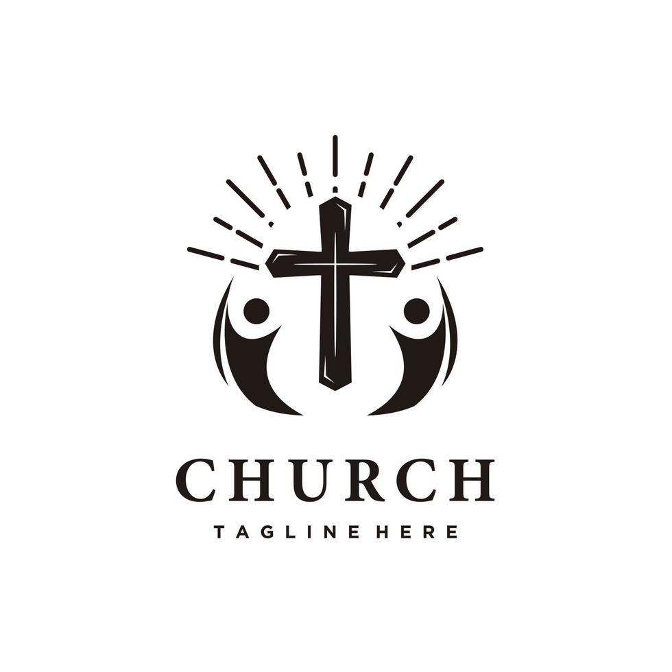 Church christian cross,sunburst and people logo design icon vector