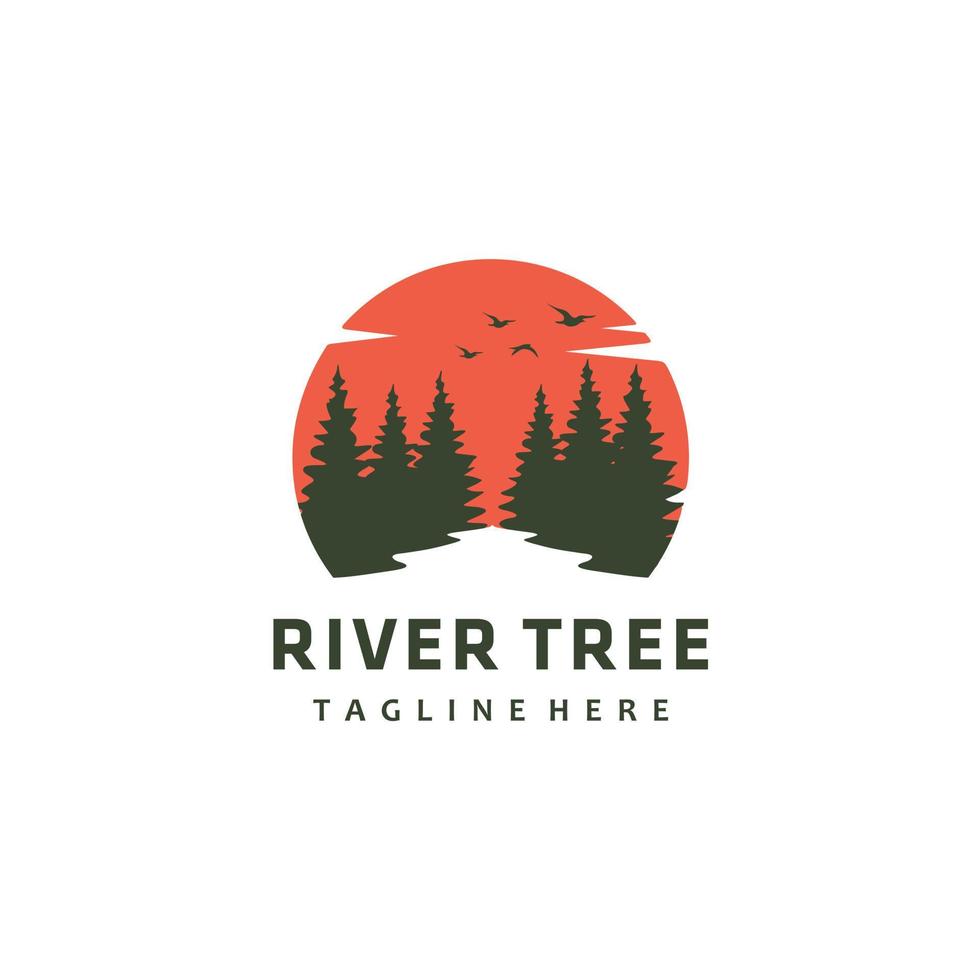 árbol de pino perenne con arroyo de río y vector de diseño de logotipo de puesta de sol