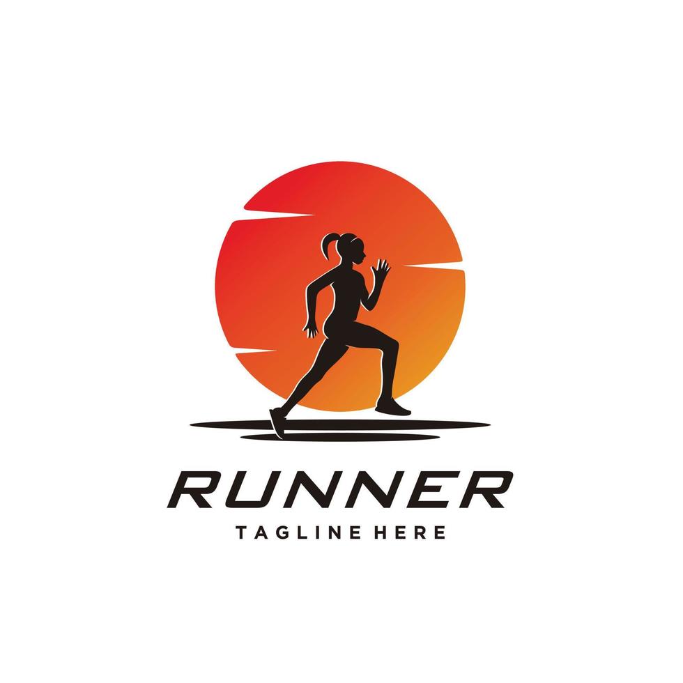 Running woman and sun symbol combination silhouette sport logo design icon vector