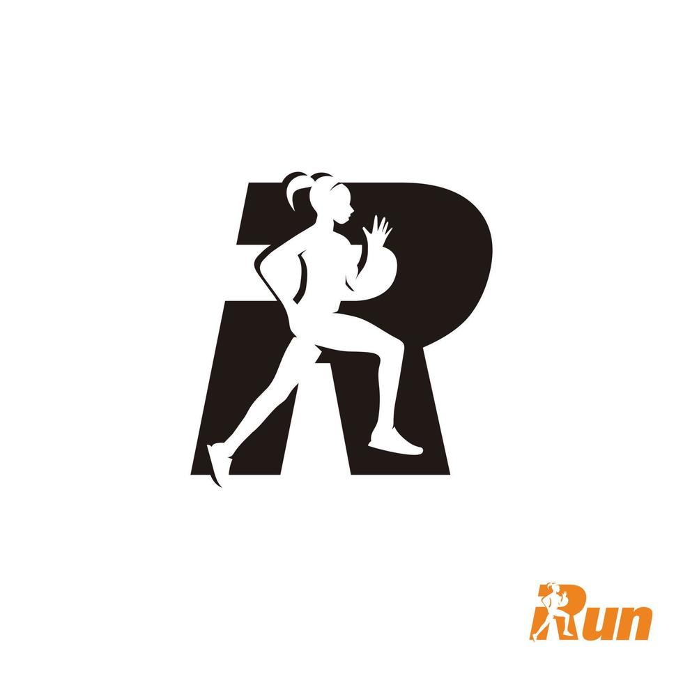 Running woman and R symbol combination silhouette sport logo design icon vector