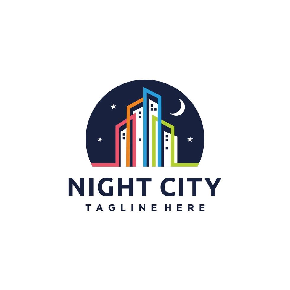 Night urban city line art logo design illustration vector