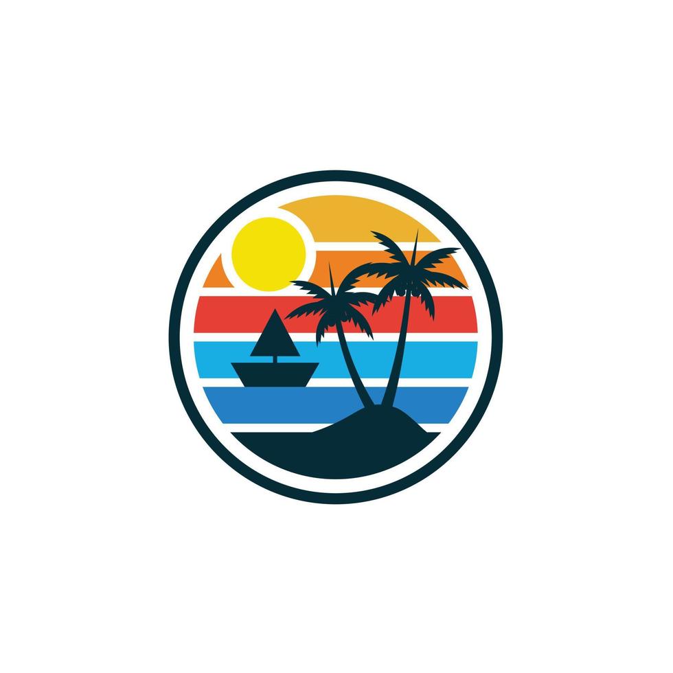 Palm or coconut tree sunset beach circle vintage logo design vector inspiration