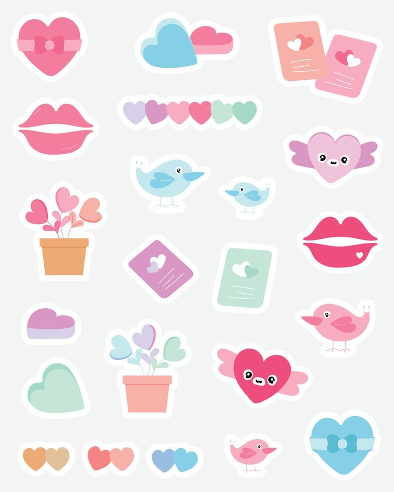 Collection of minimal Valentine stickers. Bullet journal stickers, planner, scrapbook stickers design. vector