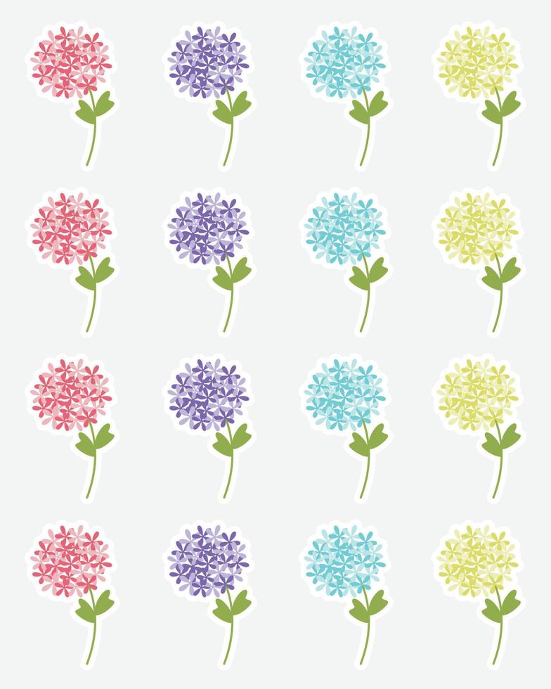 Flowers stickers collection. Hydrangea collection with decorative floral design. Springtime stickers. vector