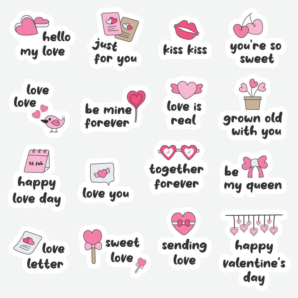 Collection of Happy Valentines day typography for greeting cards, gifts, stickers and bullet journal stickers, planner, scrapbook stickers design. vector