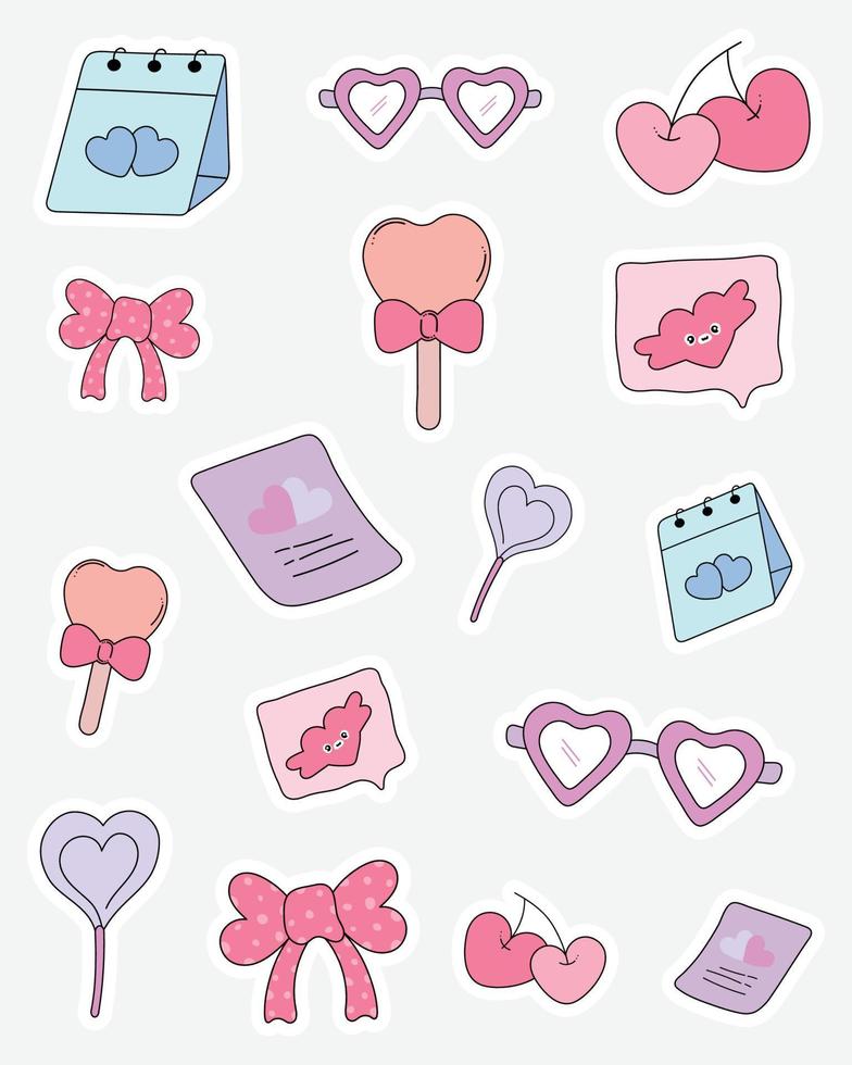 Collection of minimal Valentine stickers. Bullet journal stickers, planner, scrapbook stickers design. vector