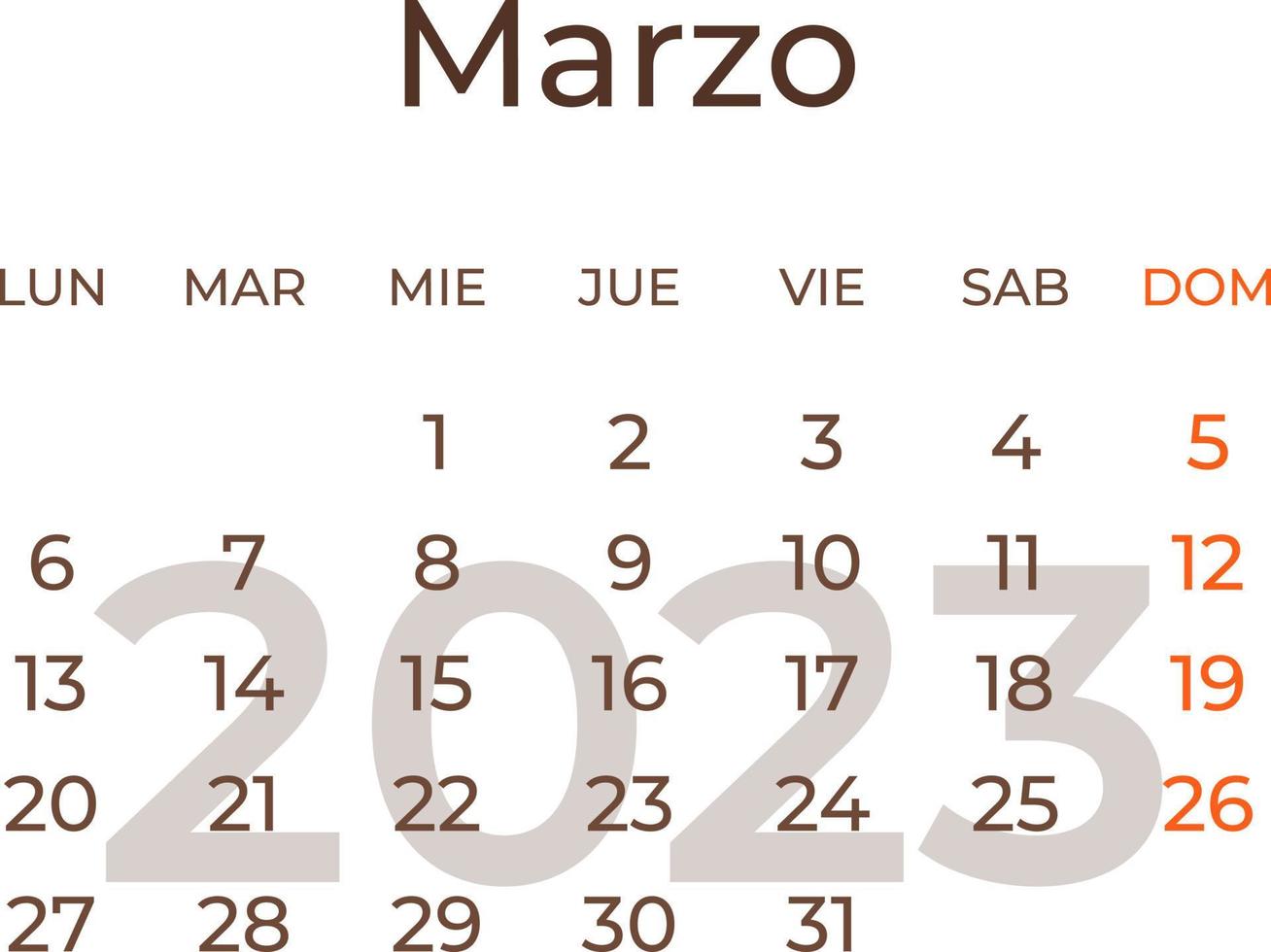 Mes De Marzo De 2023 calendario mes marzo en Español 2023. 20000297 Vector en Vecteezy