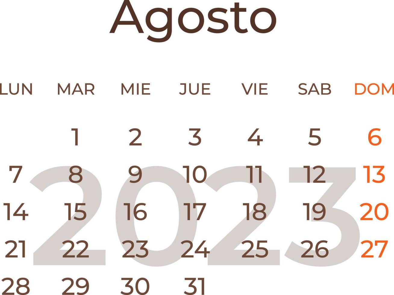 calendario mes agosto en Español año 2023. vector