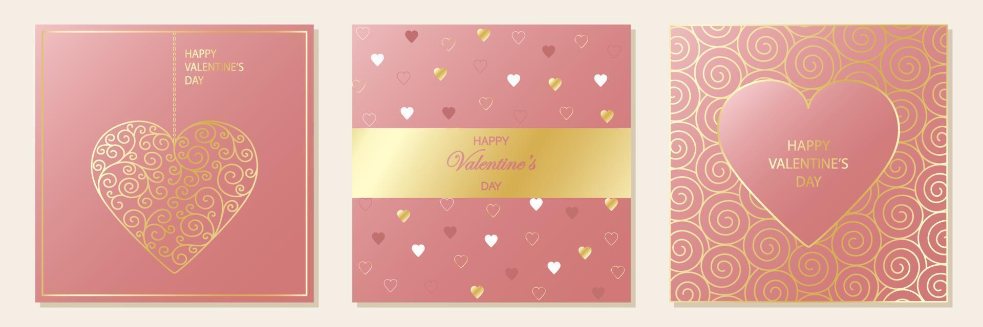 Happy Valentine's Day. Set of greeting cards. Pink square background with hearts and gold ornaments. vector