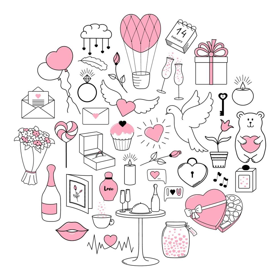 Happy Valentine's Day. Set of cute hand drawn elements painted in pink. Round concept. vector