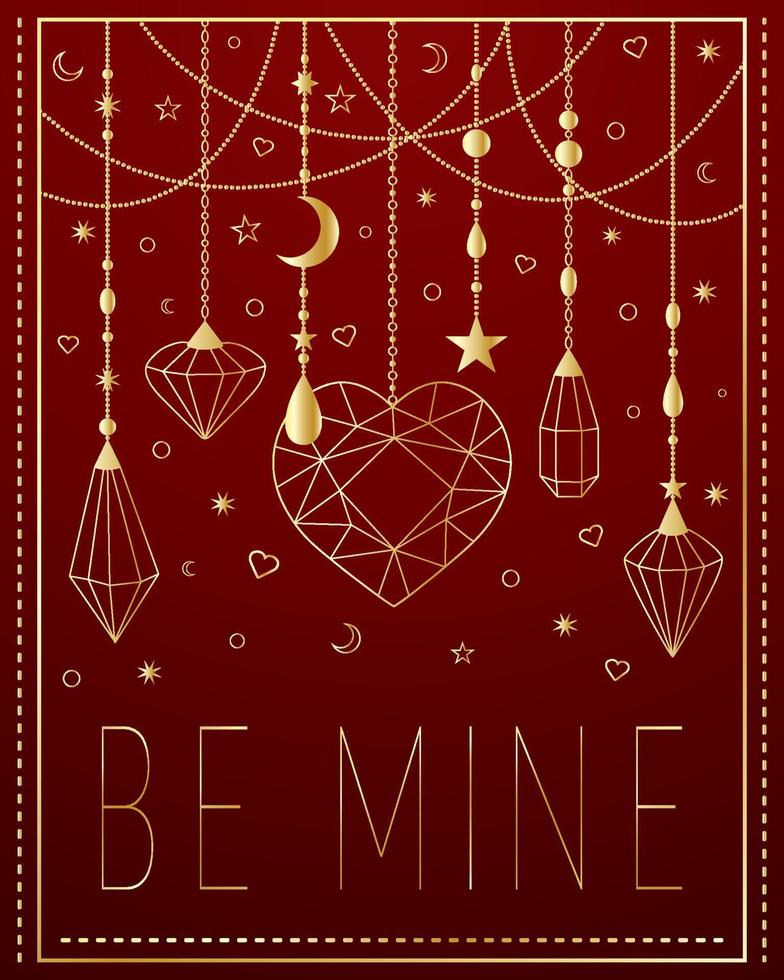 Be mine. Greeting card for Valentine's Day, wedding, declaration of love. Gold jewelry on red background. vector