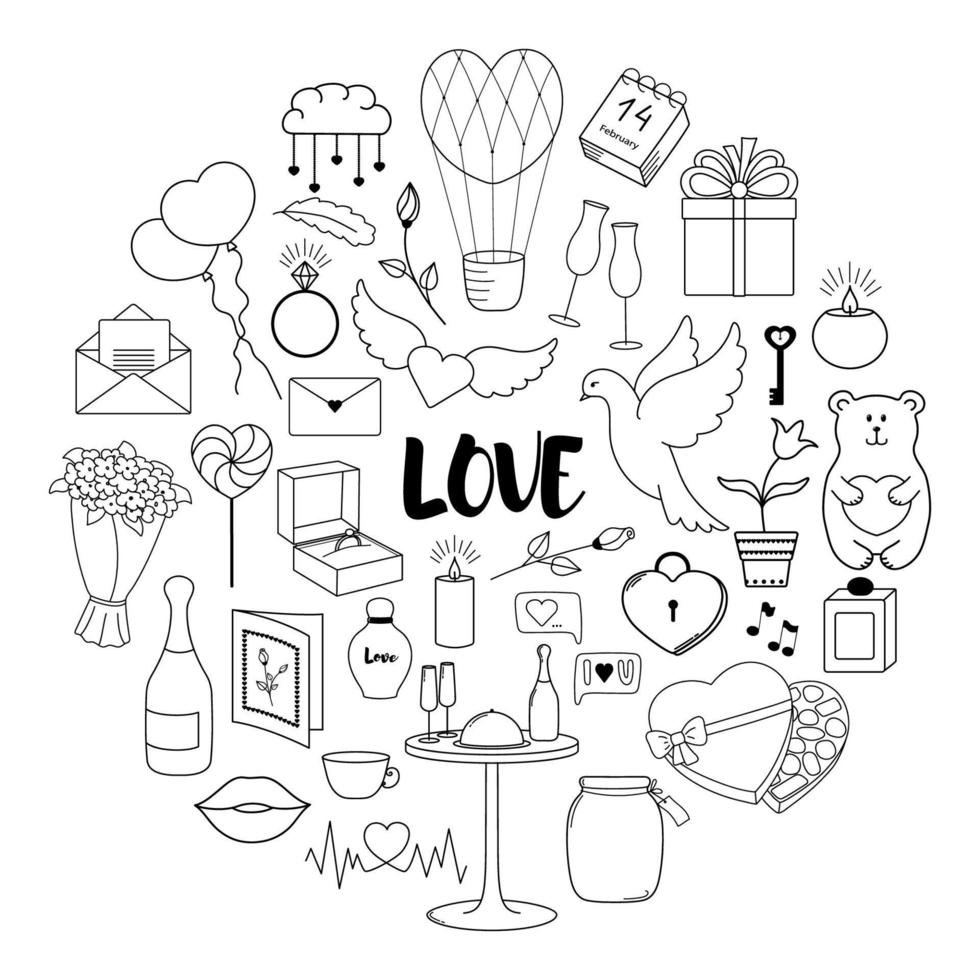 Happy Valentine's Day. Set of cute hand drawn elements. Round concept. vector