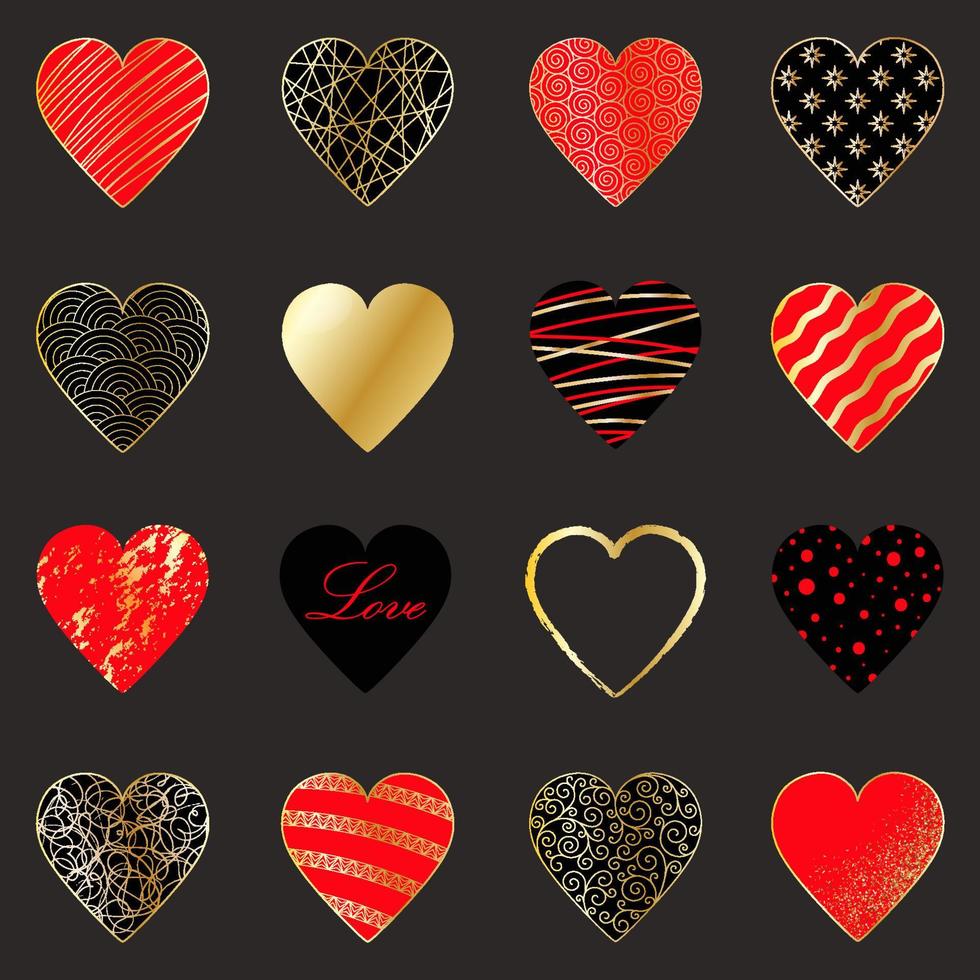 Set of 16 elegant gold, red and black hearts on a dark gray background vector