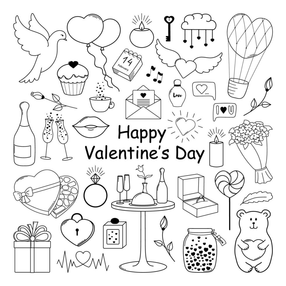 contento San Valentín día. conjunto de linda mano dibujado elementos. vector