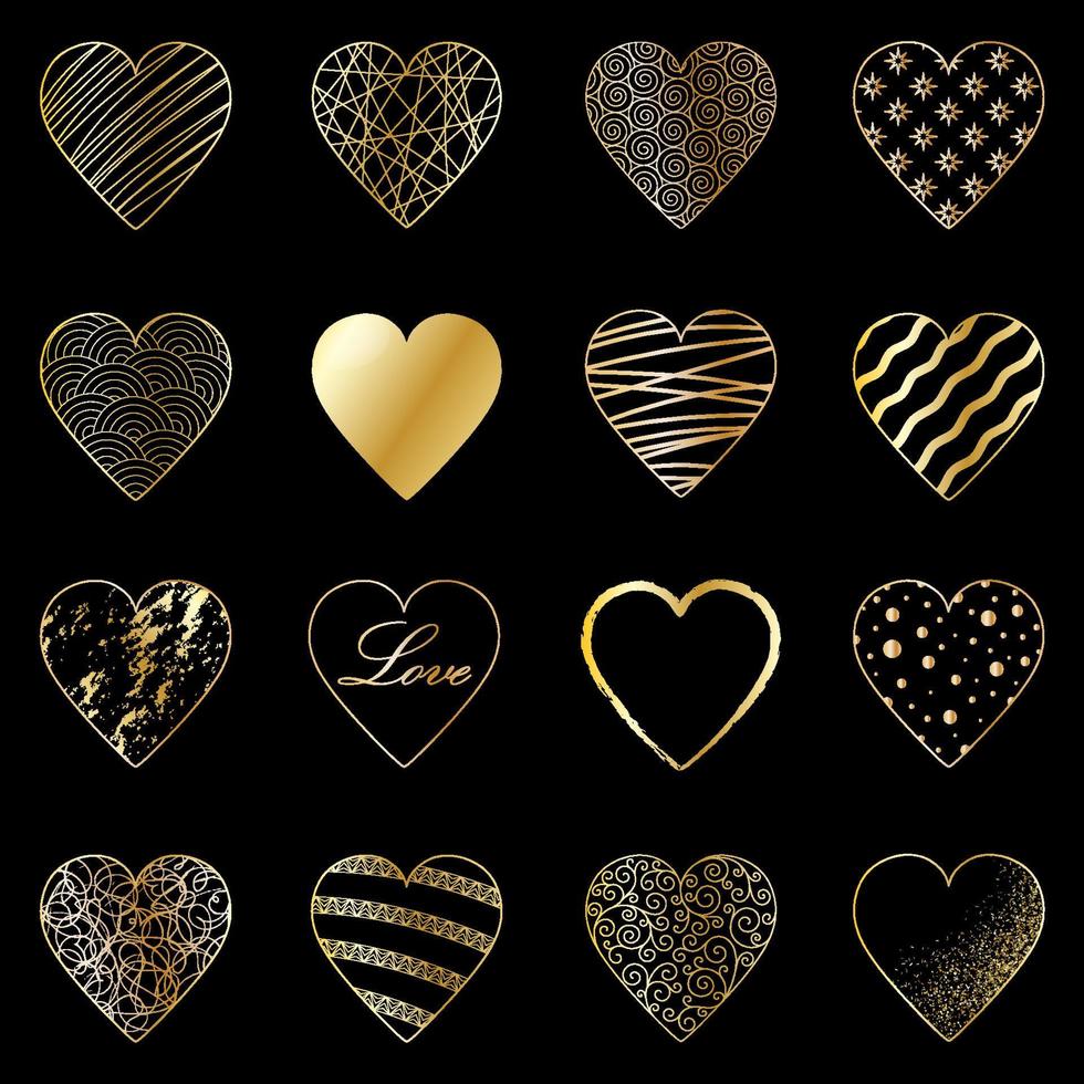 Set of 16 elegant gold hearts on a black background vector