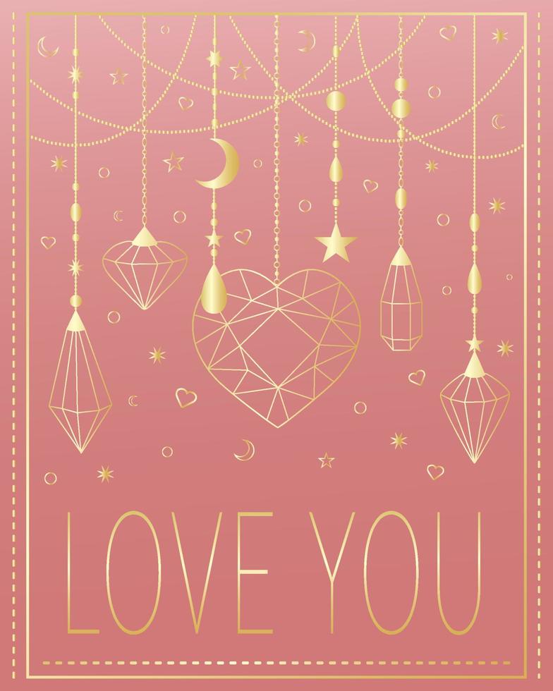 Love you. Greeting card for Valentine's Day, wedding, declaration of love. Gold jewelry on pink background. vector