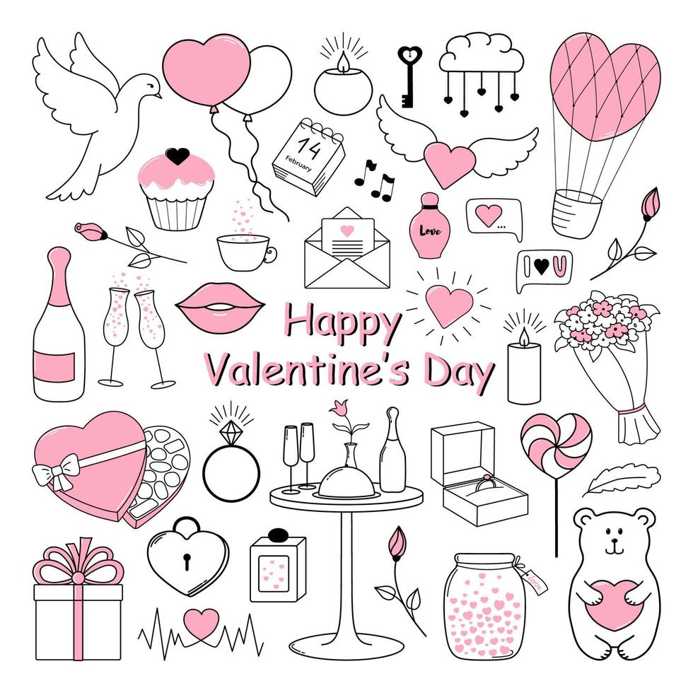 contento San Valentín día. conjunto de linda mano dibujado elementos. de colores en rosado. vector