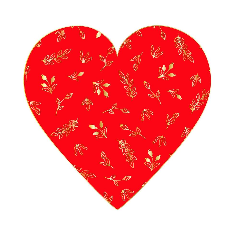 Happy Valentine's Day. Big red heart with gold floral pattern. vector
