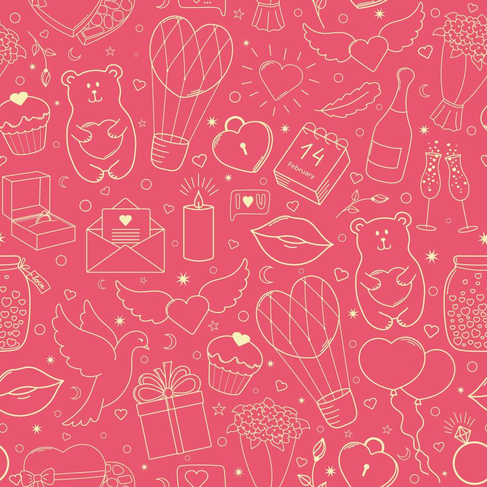 Happy Valentine's Day. Cute seamless pattern of vector hand drawn elements, yellow and coral.