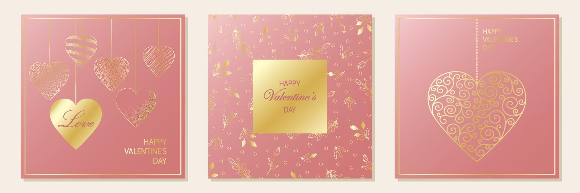 Happy Valentine's Day. Set of greeting cards. Pink square background with hearts and gold floral ornament. vector