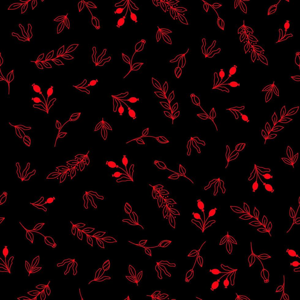 Bright seamless pattern with red flowers, berries and leaves on a black background vector