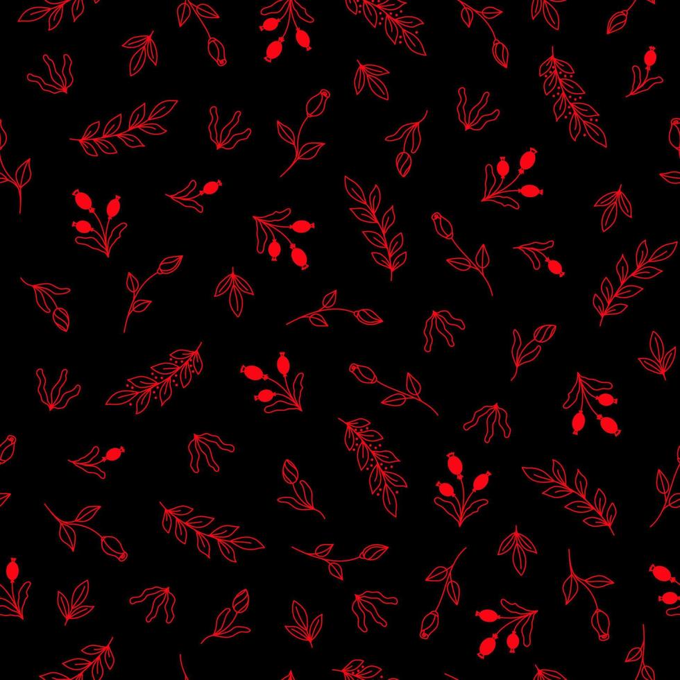 Bright seamless pattern with red flowers, berries and leaves on a black background vector