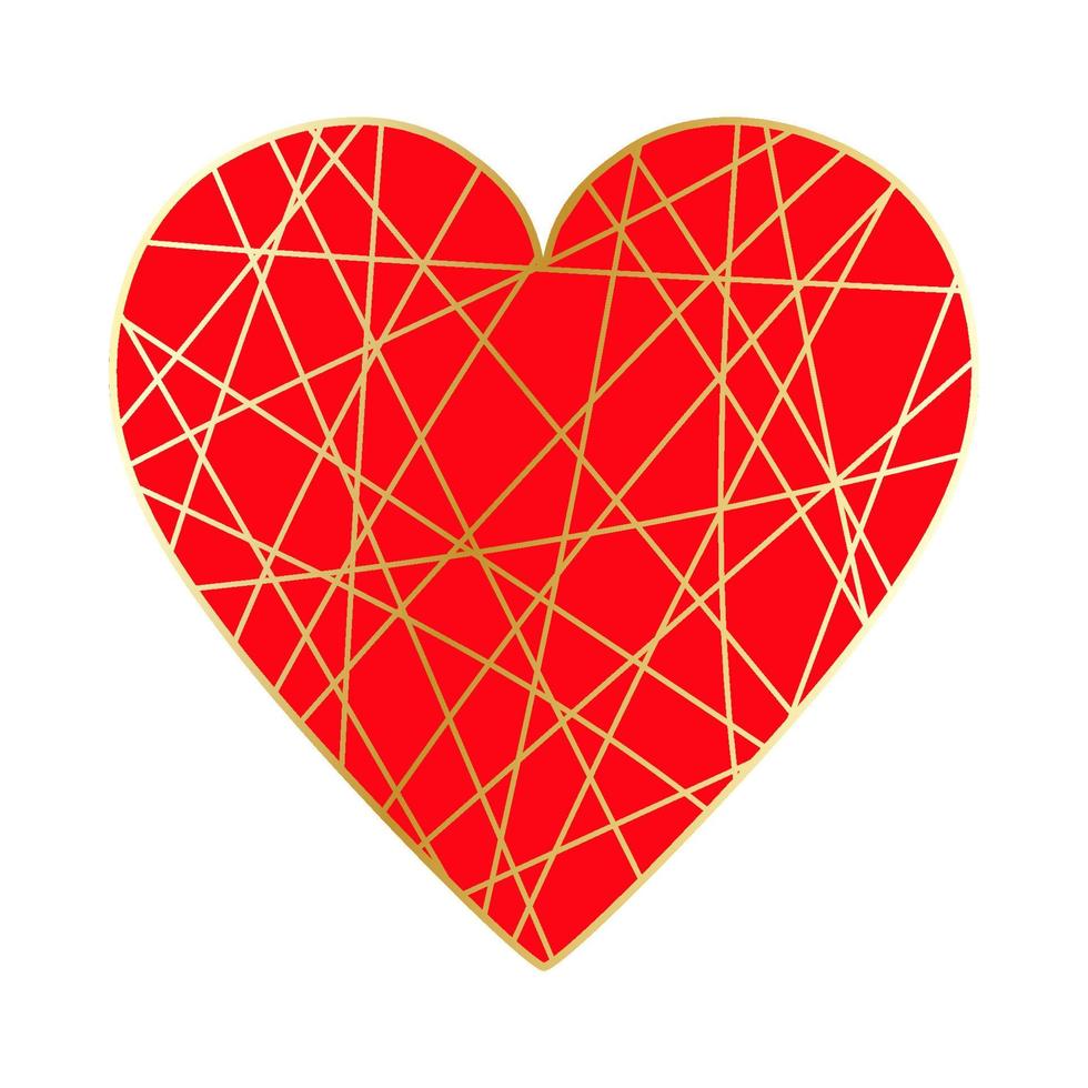 Happy Valentine's Day. Big red heart with chaotic golden lines. vector
