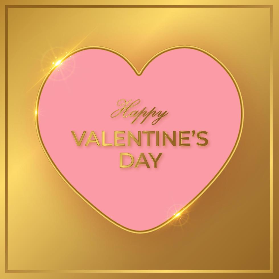 Happy Valentine's Day greeting card with big pink heart on gold background. vector