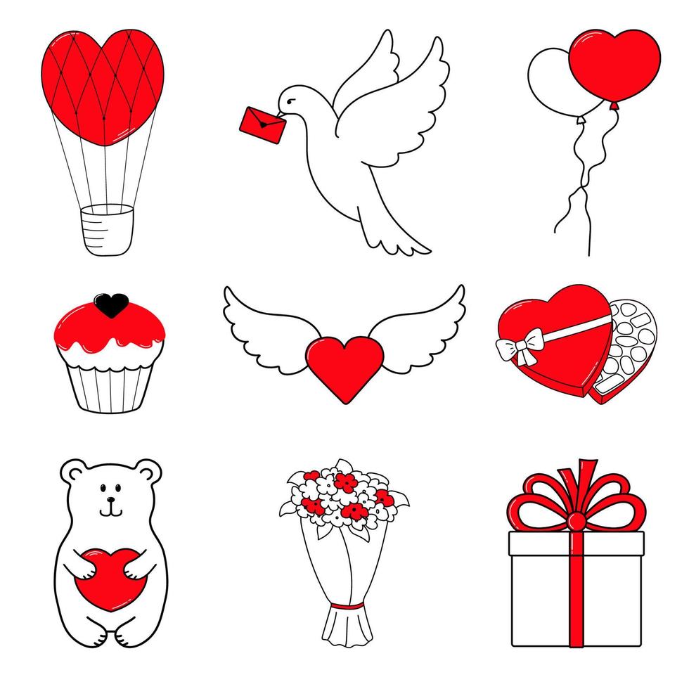 Happy Valentine's Day. Set of 9 nice hand drawn elements painted in red. vector