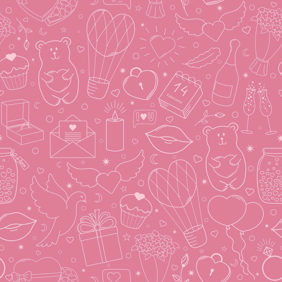 Happy Valentine's Day. Funny seamless pattern of vector hand drawn elements, pink and beige.