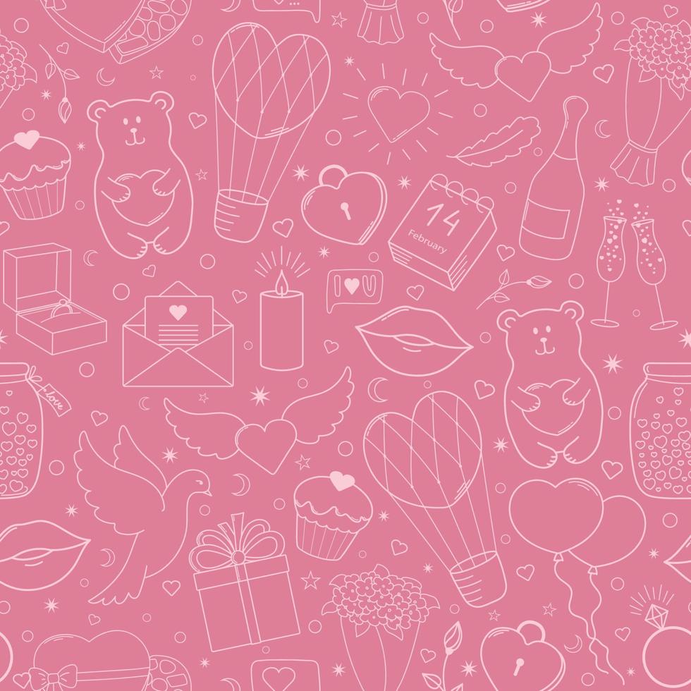 Happy Valentine's Day. Funny seamless pattern of vector hand drawn elements, pink and beige.