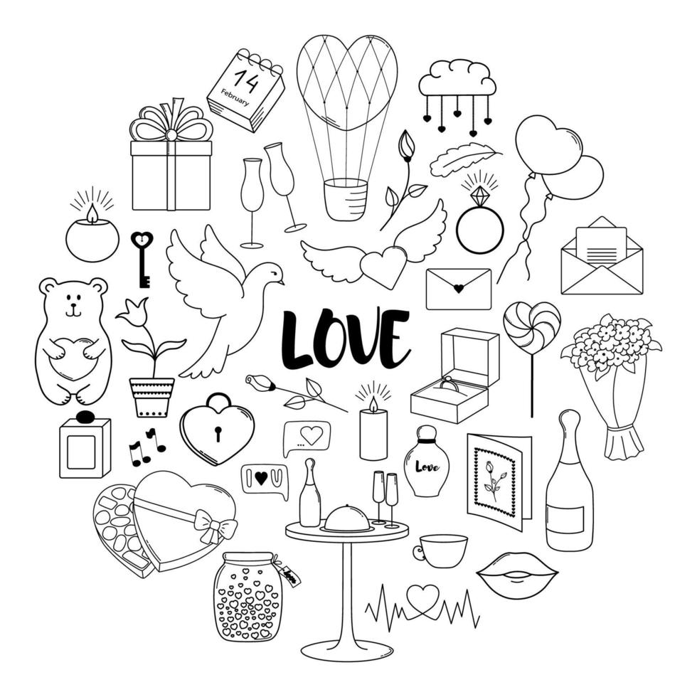 Happy Valentine's Day. Set of cute hand drawn elements painted in red. Round concept. vector