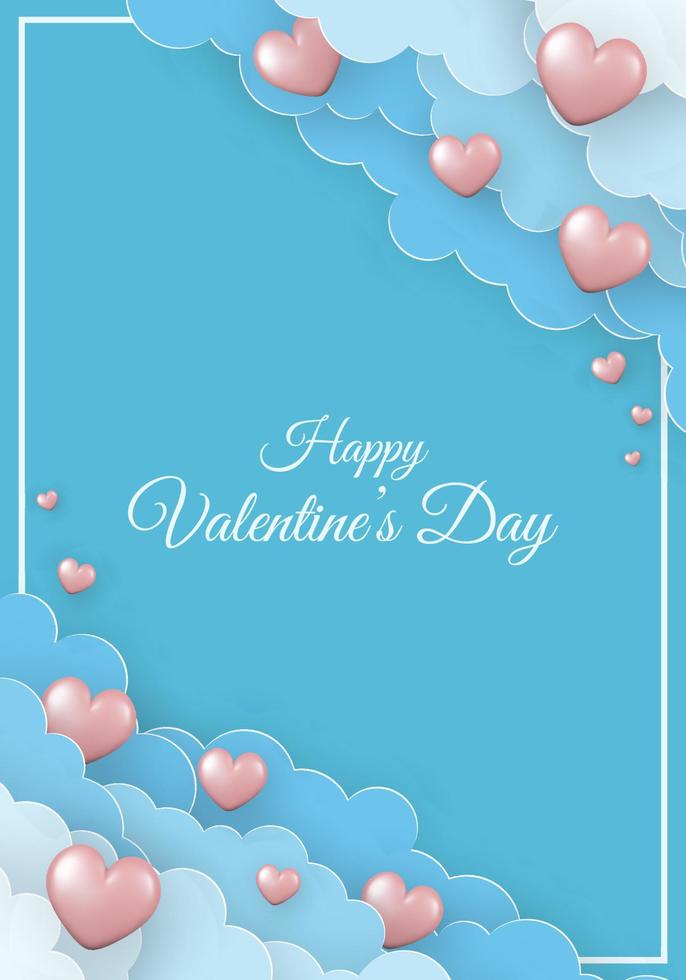 Valentine's Day greeting card. Paper clouds and pink 3d hearts on blue background. vector