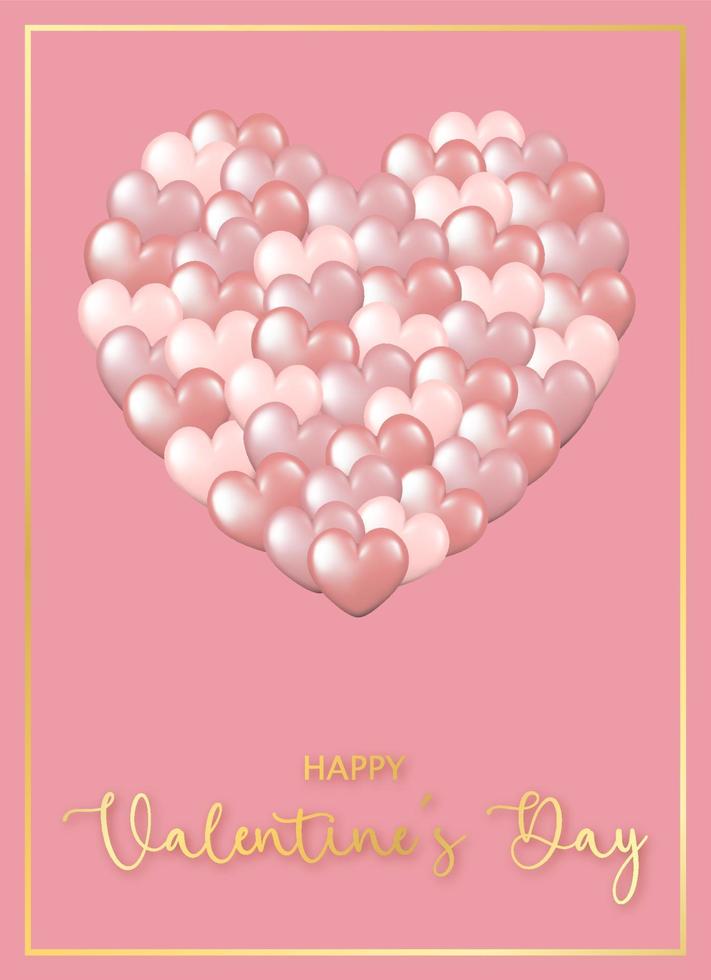 Happy Valentine's Day greeting card. 3d realistic shiny hearts on pink background. vector