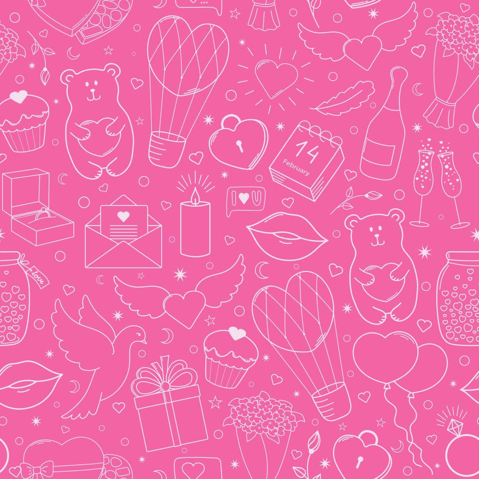 Happy Valentine's Day. Cute seamless pattern of vector hand drawn elements, bright pink and white.