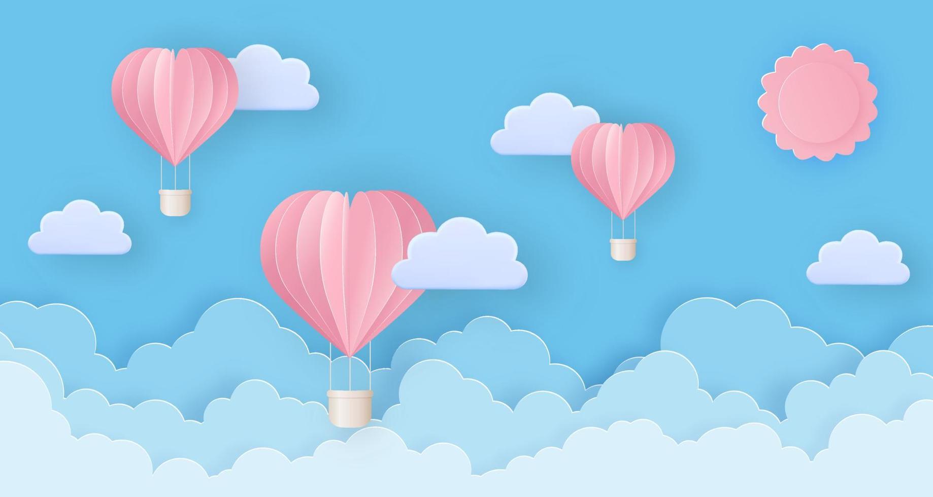 Pink beautiful hot air balloons flying over fluffy clouds in the sky with sun. vector