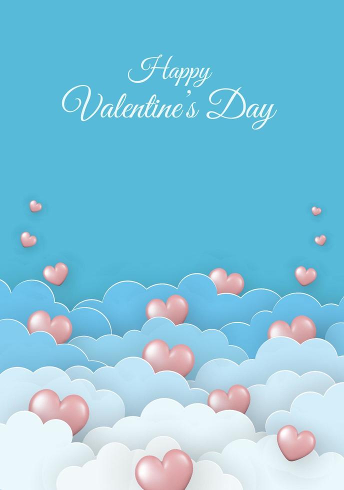 Valentine's Day greeting card. Paper clouds and pink 3d hearts on blue background. vector