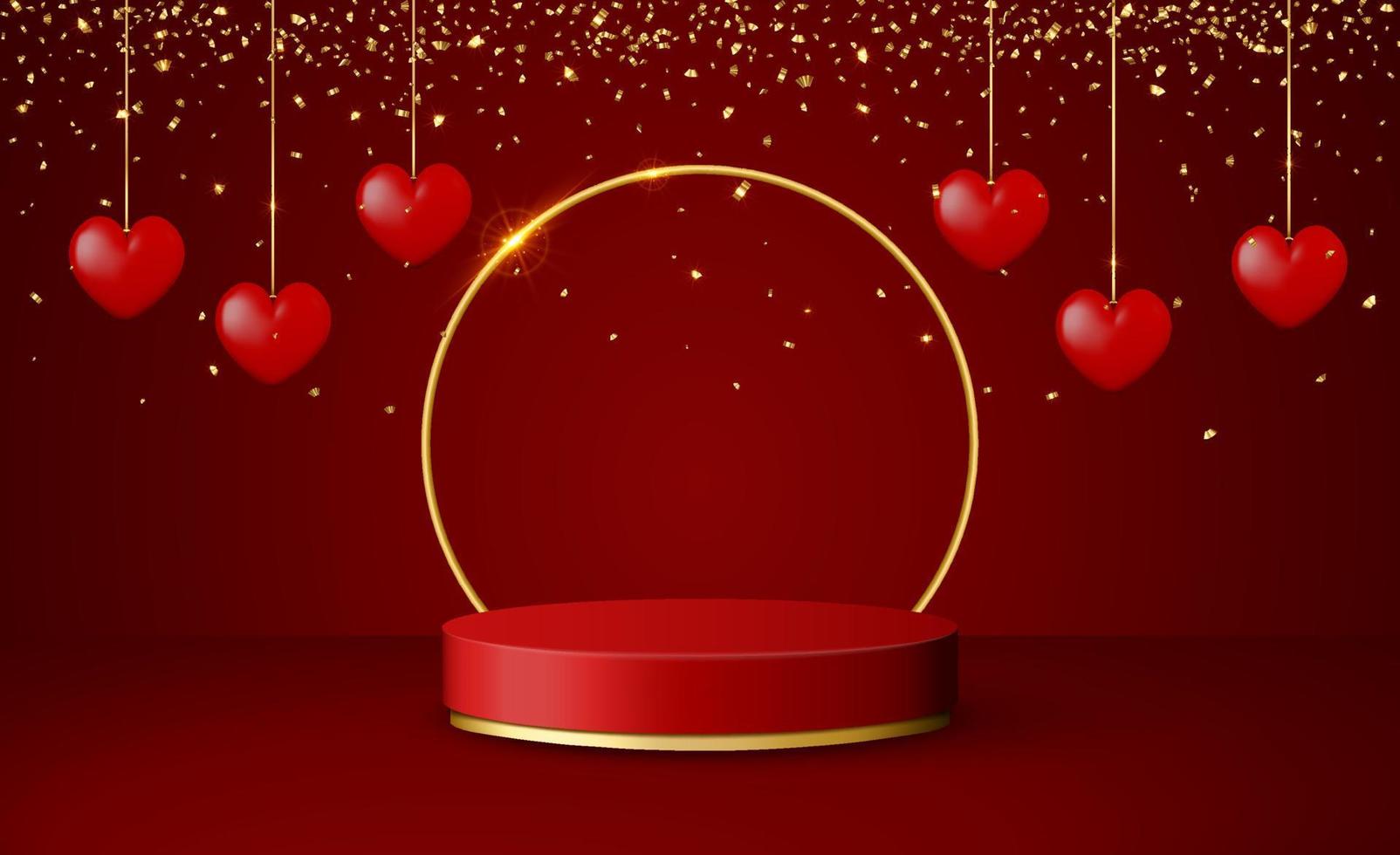 Happy Valentine's Day 3d scene with red and gold podium platform, 3d realistic hearts and confetti. vector