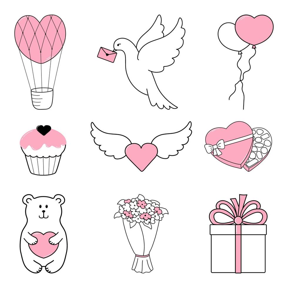 Happy Valentine's Day. Set of 9 nice hand drawn elements painted in pink. vector