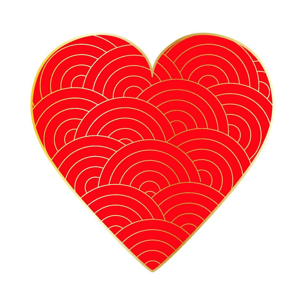 Happy Valentine's Day. Big red heart with gold waves pattern. vector