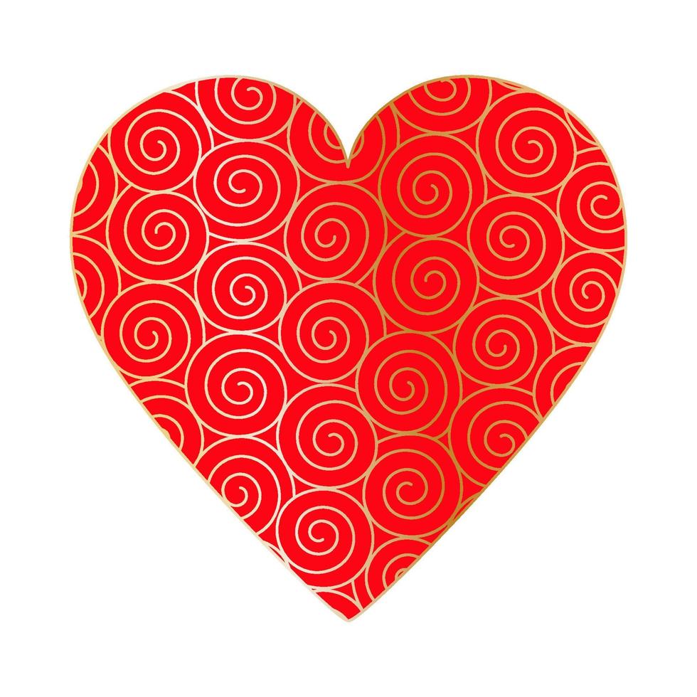 contento San Valentín día. grande rojo corazón con oro espirales modelo vector