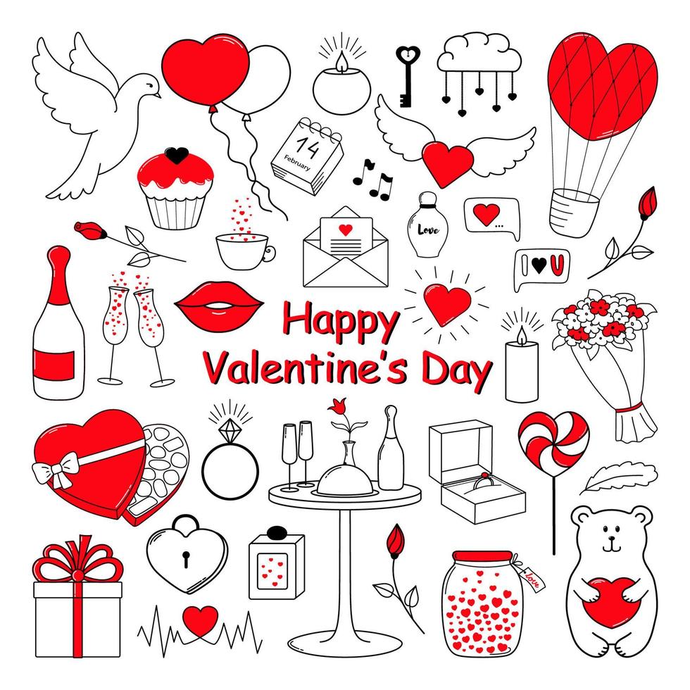 Happy Valentine's Day. Set of cute hand drawn elements. Colored in red. vector