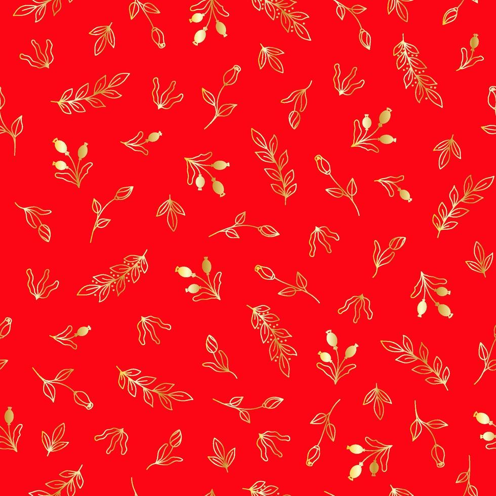 Bright seamless pattern with gold flowers, berries and leaves on a red background vector
