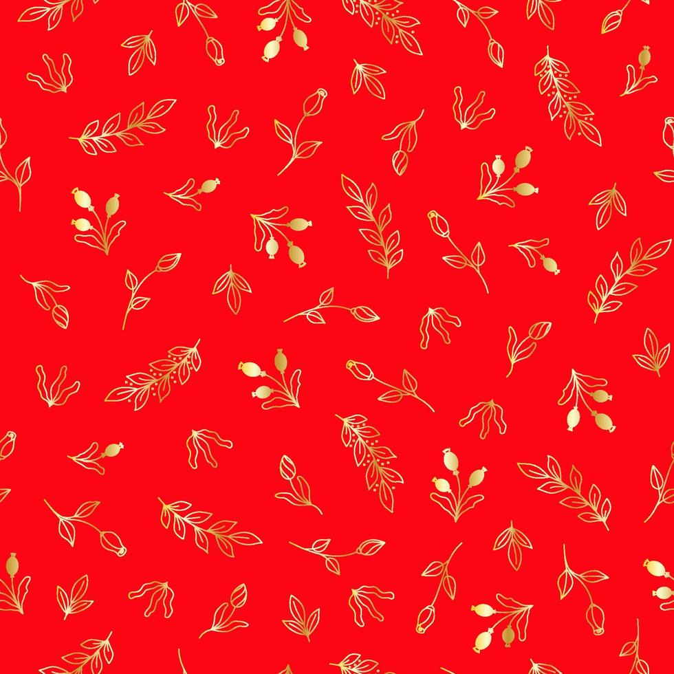 Bright seamless pattern with gold flowers, berries and leaves on a red background vector