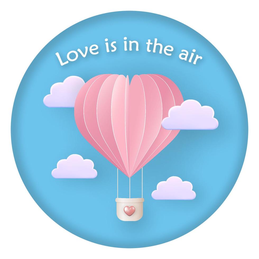 Greeting card Happy Valentine's Day. Pink hot air balloon and  clouds on blue sky  background. vector