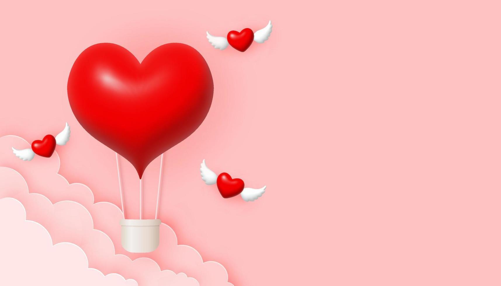 Happy Valentine's Day background. 3d heart air balloon and paper clouds on pink sky background. vector