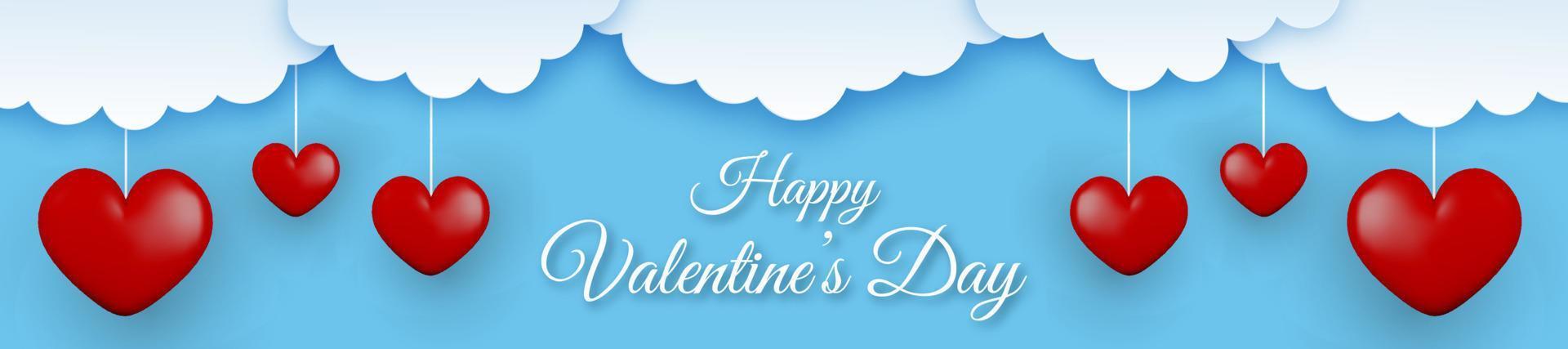 Happy Valentine's Day horizontal banner with clouds and red 3d hearts on a blue background. vector