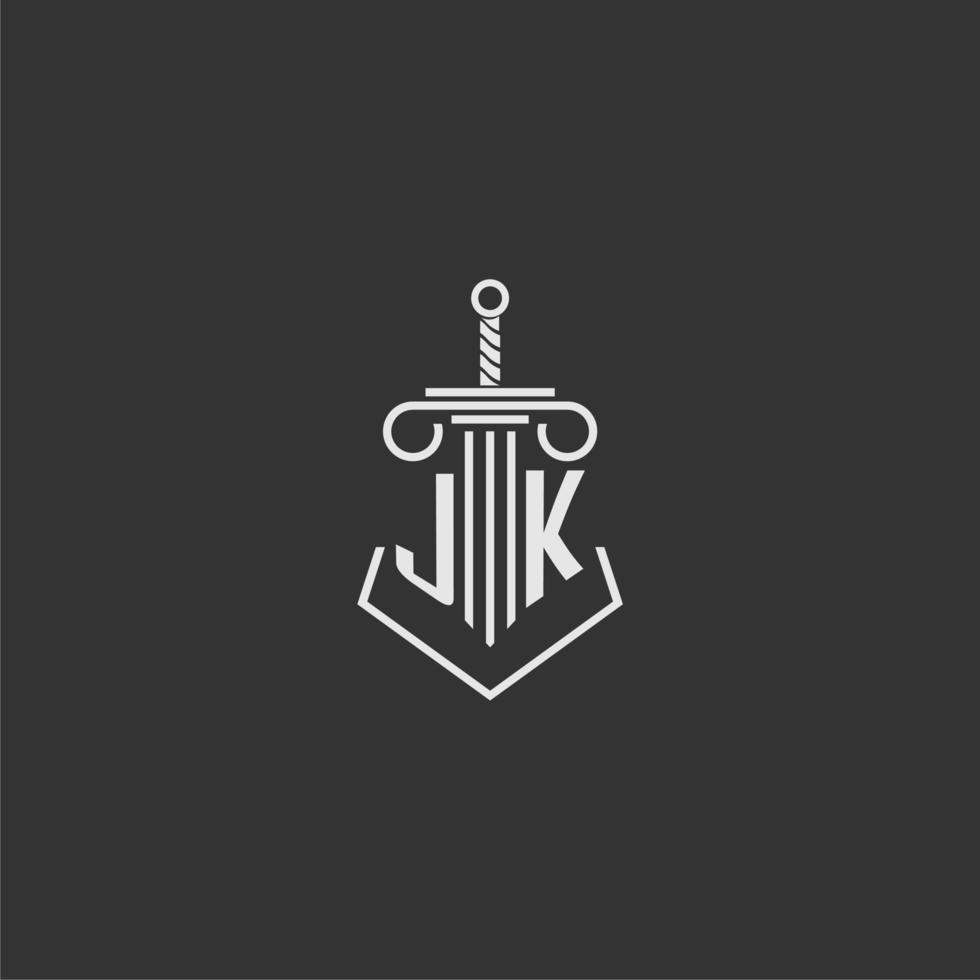 JK initial monogram law firm with sword and pillar logo design vector